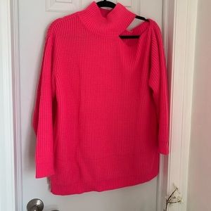 Vine & Love Hot Pink Cold Shoulder Mock Neck Sweater